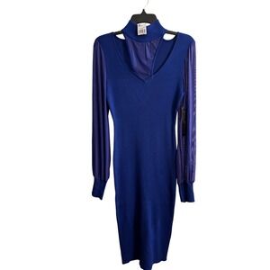Almost Famous Royal Blue Ribbed Bodycon Dress Mock Neck Sheer Sleeve Size L‎ NWT